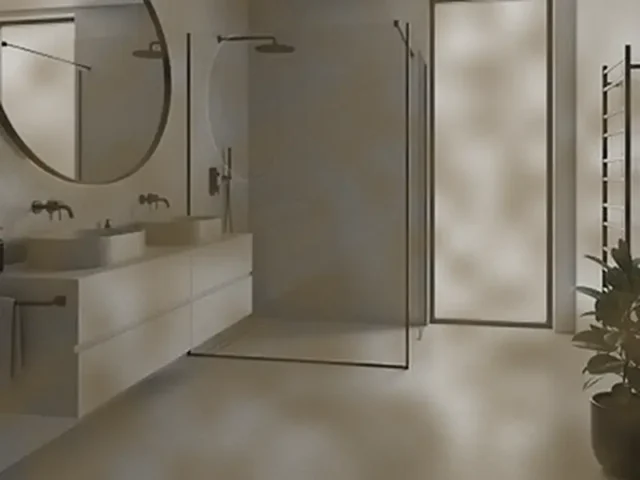 לפני ניקוי חדרי רחצה: חדר רחצה עם אבנית על הזכוכית ורובה שהשחירה