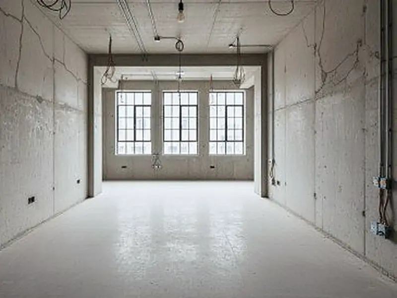 לפני עבודות גבס: סלון עם צנרת מיזוג גלויה ותאורה חלשה